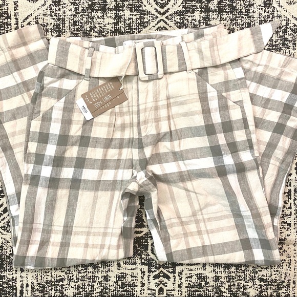 MNG Linen Belted Plaid Trousers Ankle Mid-Rise NWT - Picture 10 of 12